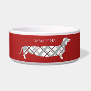 Tigela Dachshund Xadrez em Vermelho Personalizado