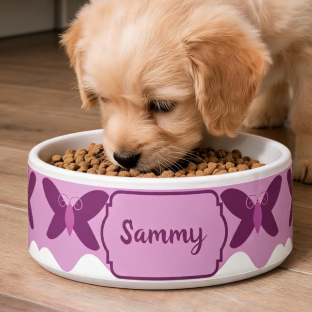 Tigela de comida para animais borboleta rosa empoe (Every dog deserves some pampering with their own custom bowl. Cute and hand drawn with love.)
