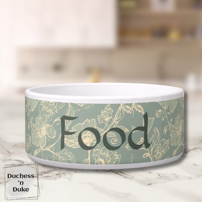 Tigela de comida para cachorro - Botânico Verde Sa (Personalized Sage Green Botanical Food Pet Bowl on marble counter top)