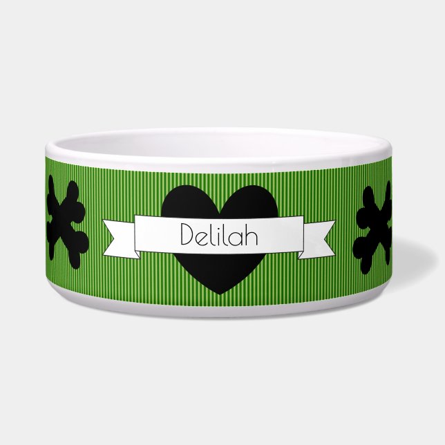Tigela de comida para cachorro com linhas verdes e (Frente)