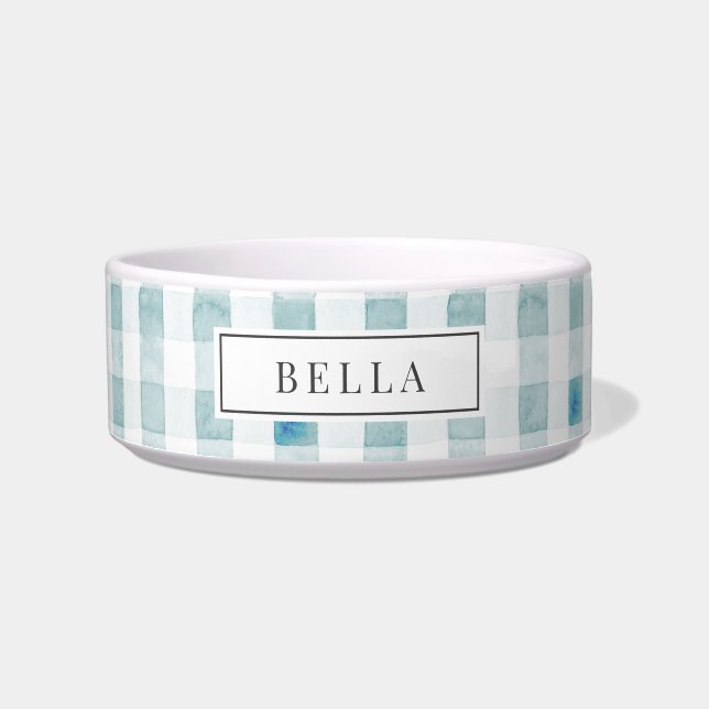 Tigela de Estimação com Xadrez Azul Gingham (Frente)