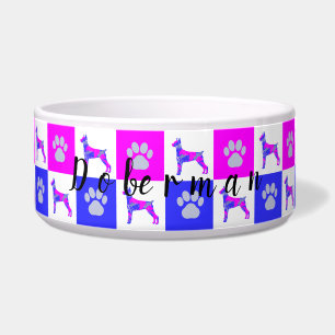 Tigela Doberman Pinscher Cachorro e Pata Quente Rosa e Az