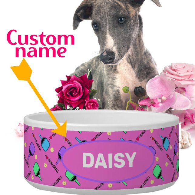 Tigela Eu adoro Pickleball rosa com o nome Pet (Criador carregado)