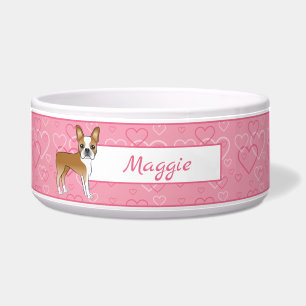 Tigela Fawn Boston Terrier Dog Em Corações E Nome Rosa