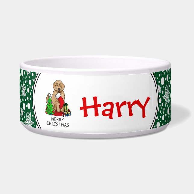 Tigela Feliz Natal 2 Goldendoodle (ouro vermelho) (Frente)
