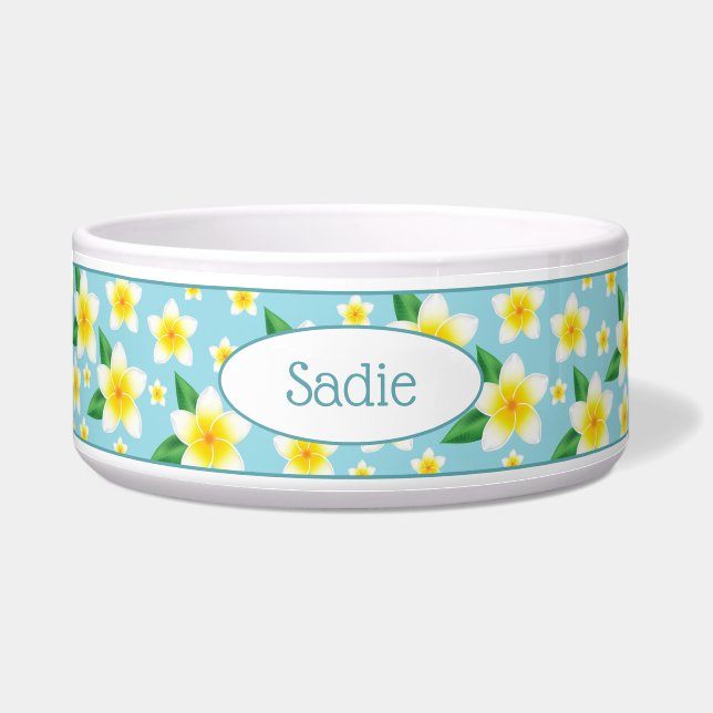 Tigela Flores Brancas Tropicais de Flores e Nome Personal (Frente)