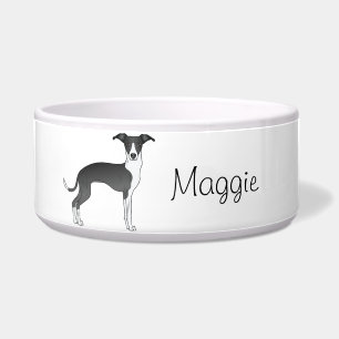 Tigela Galgo Italiano Preto e Branco Com Nome Personaliza
