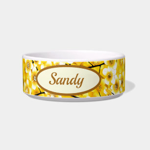 Tigela Gato bonito de Padrão Botânico Floral Amarelo