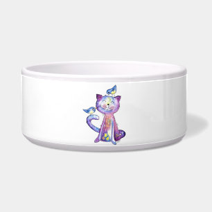 Tigela Gato Branco e Roxo Cugado com Aves