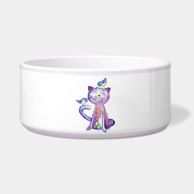 Tigela Gato Branco e Roxo Cugado com Aves (Frente)