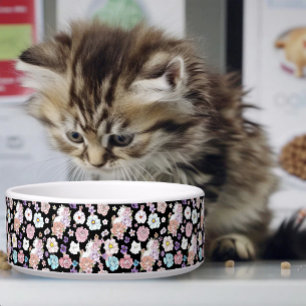 Tigela Gato Branco Floral Pastel Botânico Romântico Preto