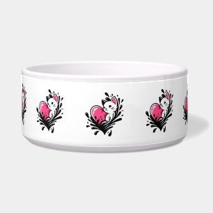 Tigela Gato Fofo Com Borrifo de Coração Rosa