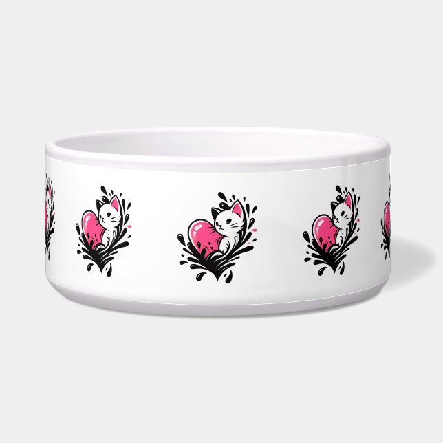 Tigela Gato Fofo Com Borrifo de Coração Rosa (Frente)