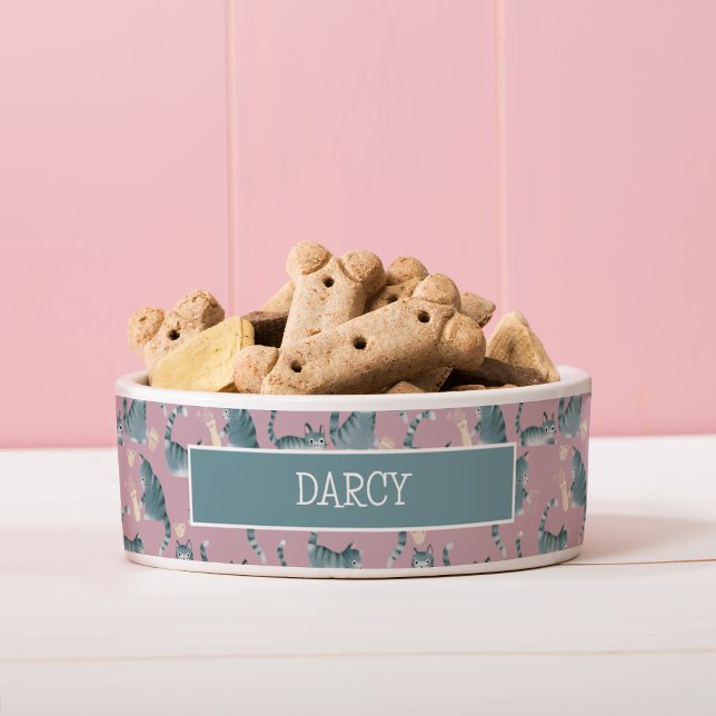 Tigela Gatos Malvados Cinza Tabby Derrubando Coisas Padrã (Bad Grey Tabby Cats Knocking Stuff Over Pet Bowl (add your own pet name and change the colour!))