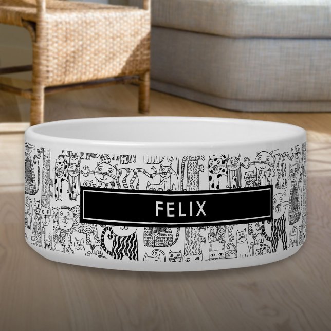 Tigela Gatos Pretos e Brancos Fofos Personalizados e Anim (Custom Cute Black and White Cats And Kittens Pet Bowl)