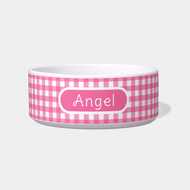 Tigela Gingham Hot Pink Check Pet Bowl Personalizado (Frente)
