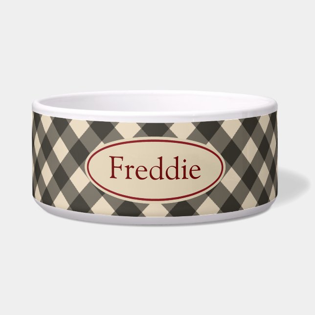 Tigela Gingham Pet Bowl, Russo Negro (Frente)