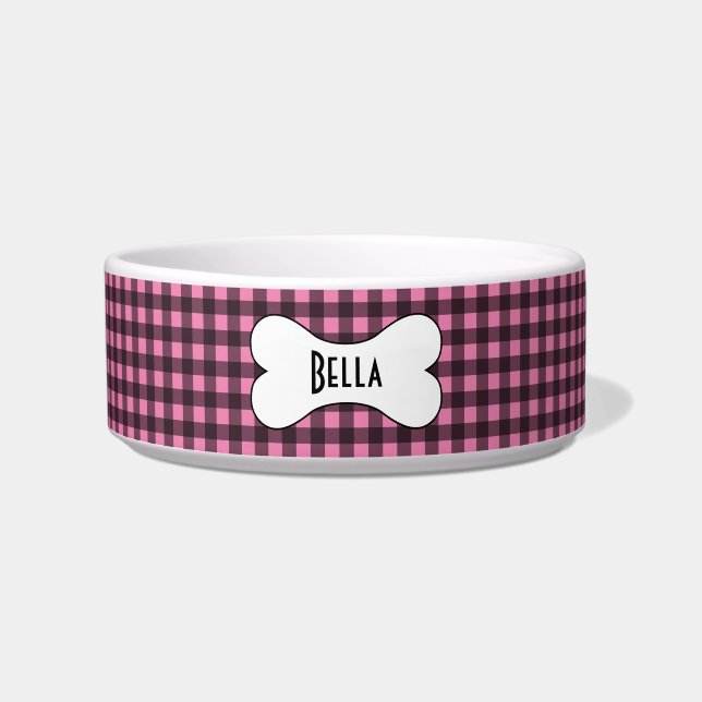 Tigela Gingham rosa e preto com nome no osso do cão (Frente)