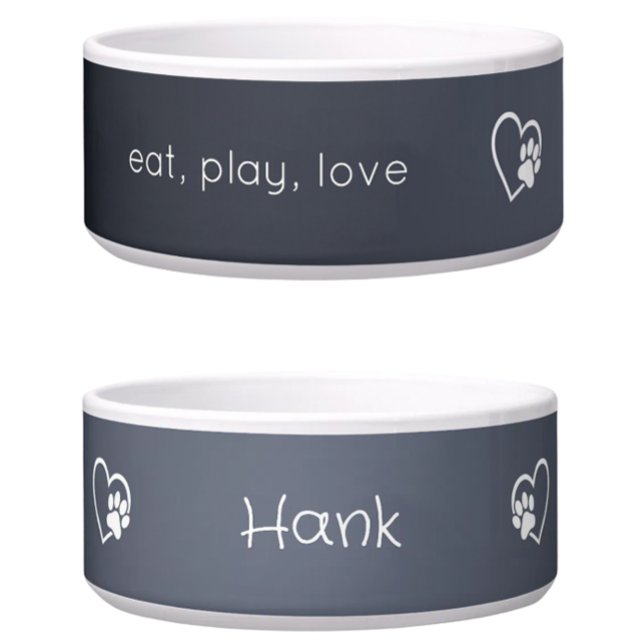 Tigela Gray 'eat, play, love' Dog Name Bowl (Criador carregado)