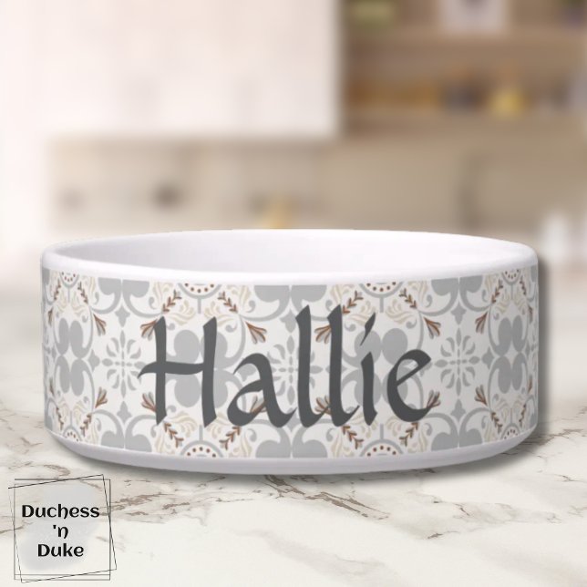 Tigela Gray Spanish Tile Personalized Pet Bowl  (Pet Bowl - Gray Spanish Tile Personalized)