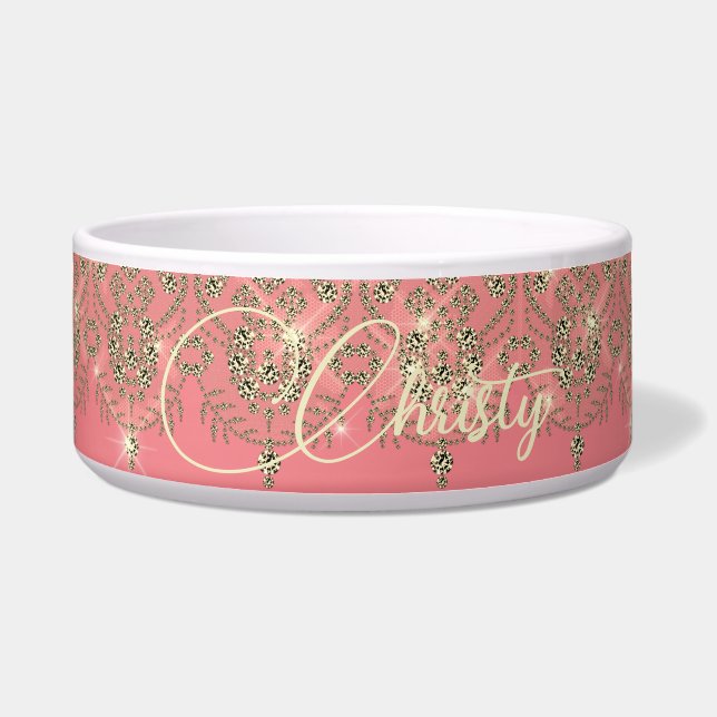 Tigela Grelha elegante de colar dourado de pêssego rosa (Frente)