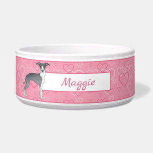 Tigela Greyhound Italiano Azul E Branco Em Corações Rosa