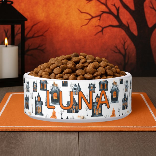 Tigela Halloween Miniature Haunted Houses Custom Name Dog (Halloween Miniature Haunted Houses Custom Name Dog Bowl
)