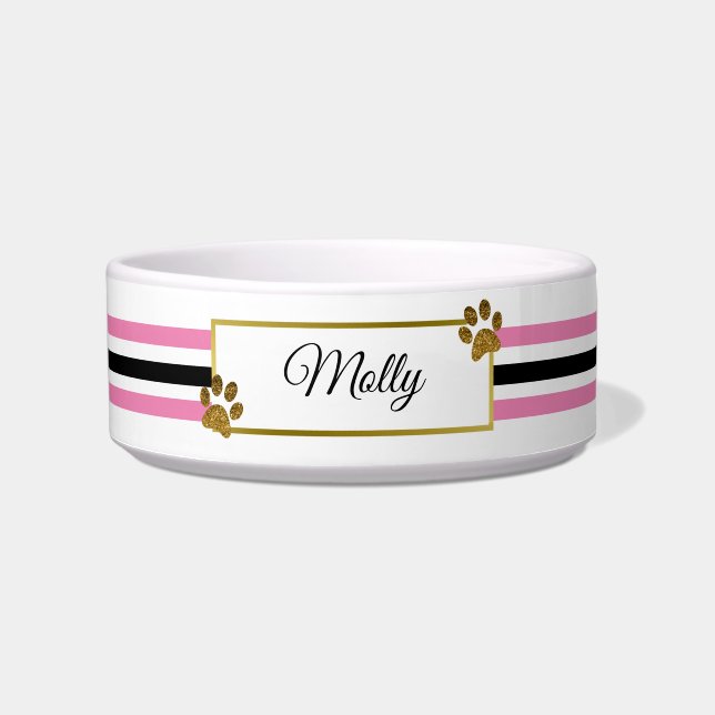 Tigela Impressão de Pata Luminosa Rosa e Dourada | Pet Pe (Frente)