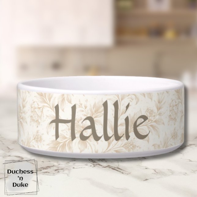 Tigela Ivory Garden Floral Pattern Design Dog  (Personalized Dog Bowl with ivory botanical design displayed on marble counter top)