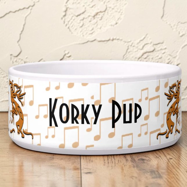 Tigela Kokopelli Dançante Alegrete Com Notas Musicais (Kokopelli and musical notes custom pet bowl.)