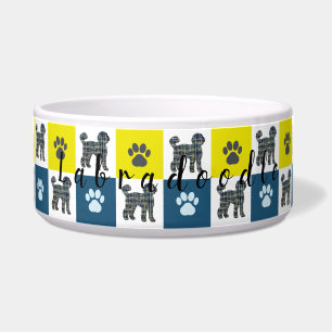 Tigela Labradoodle Dog & Paw Yellow & Blue Grid Dog Bowl
