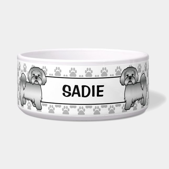 Tigela Lhasa Apso Prateado Cachorro Fofo Com Patas & Nome (Frente)