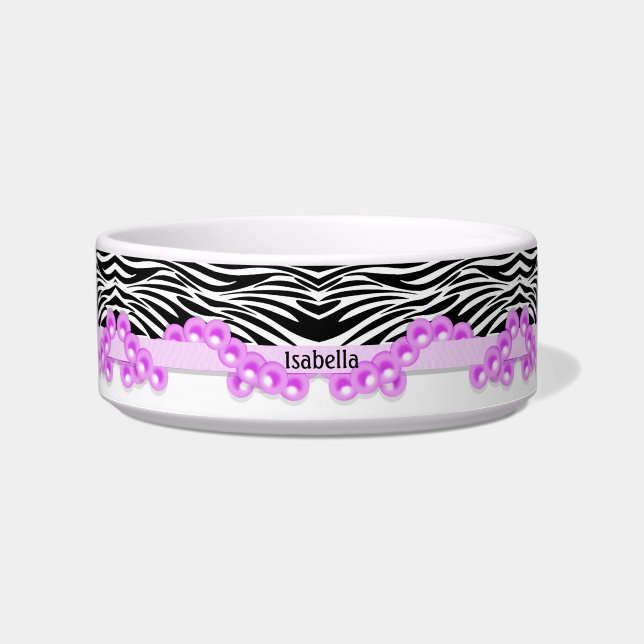 Tigela Listras personalizadas da zebra e pérolas (Frente)