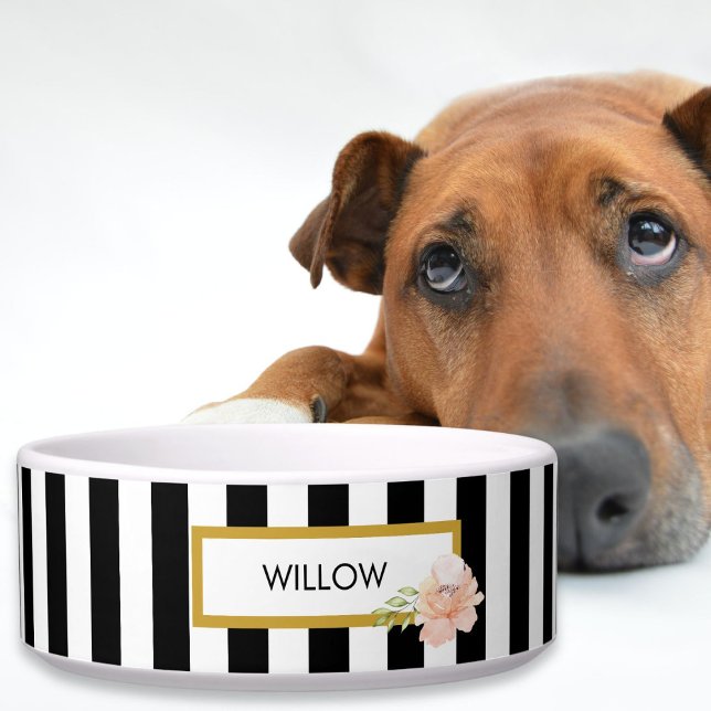 Tigela Listras Pretas e Brancas com Dourado Personalizada (Personalized Gold Black and White Striped Bowl)