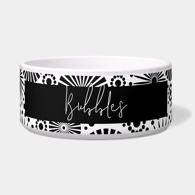 Tigela Modern black white geometric starburst Pet Name  (Frente)