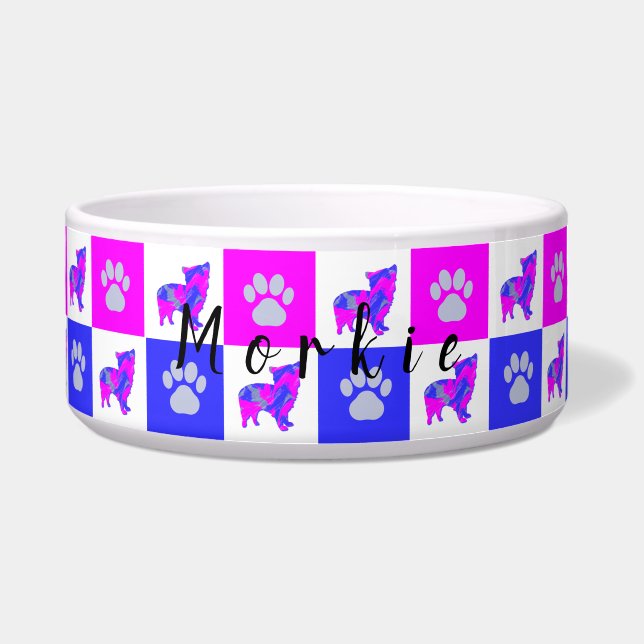 Tigela Morkie Terrier Dog & Paw Hot Pink & Blue Pet Bowl (Frente)