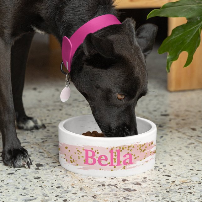 Tigela Na moda cor-de-rosa e Comida cinzenta Dourada (Pink and Gold Custom name Dog Dish)