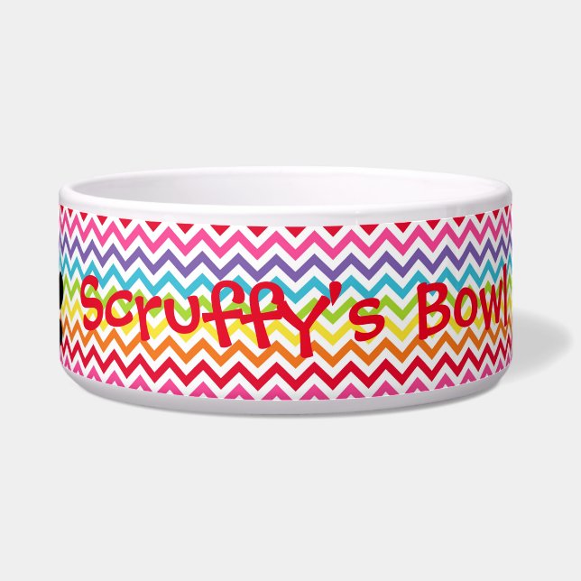 Tigela Nome de Cachorro Personalizável Arco-íris Chevron  (Frente)