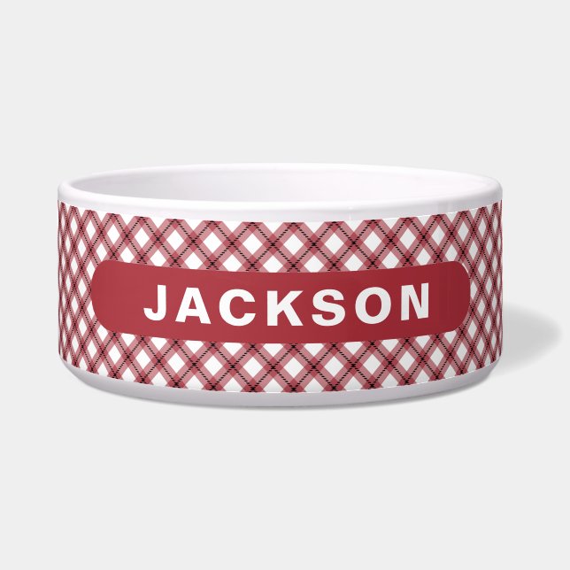 Tigela Nome de Cachorro Xadrez Argyle Vermelho e Branco C (Frente)