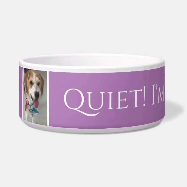 Tigela Nome/foto do Pet Quiet! Estou comendo! Lavanda eng (Frente)
