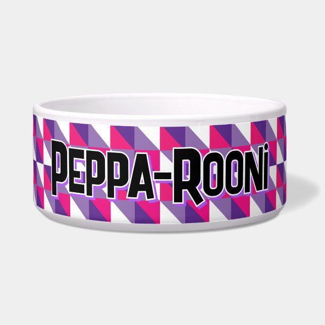 Tigela Nome Geométrico Abstrato Retro Rosa Roxo & Branco (Frente)