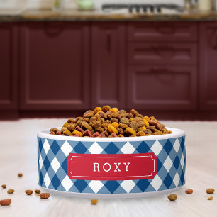 Tigela Nome Personalizado País Azul Gingham Rótulo Vermel