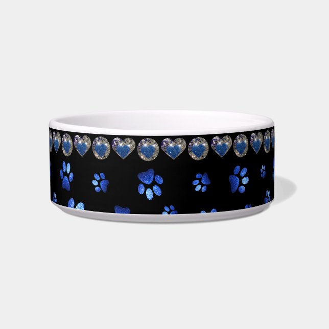 Tigela Nome personalizado, patas de cão com brilho azul (Frente)