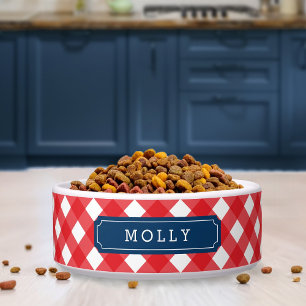 Tigela Nome Personalizado Rótulo Azul Gingham Vermelho