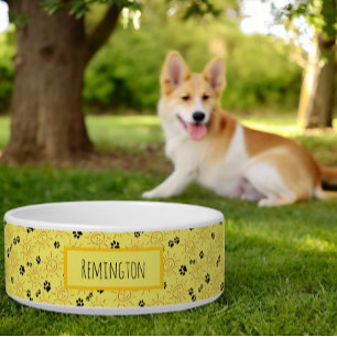 Tigela Nome Personalizado Sol e patas desenhadas à mão
