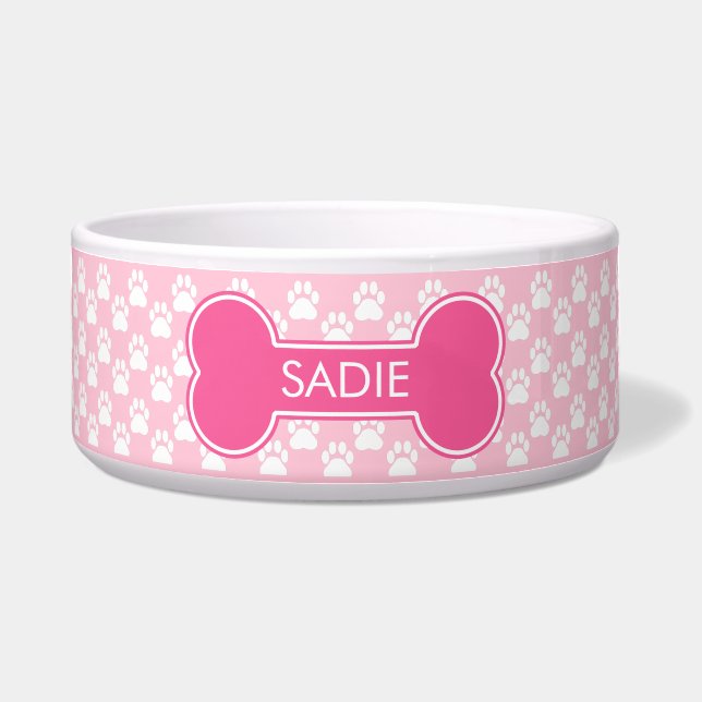 Tigela Osso de Cachorro Rosa e Patas Com Nome (Frente)
