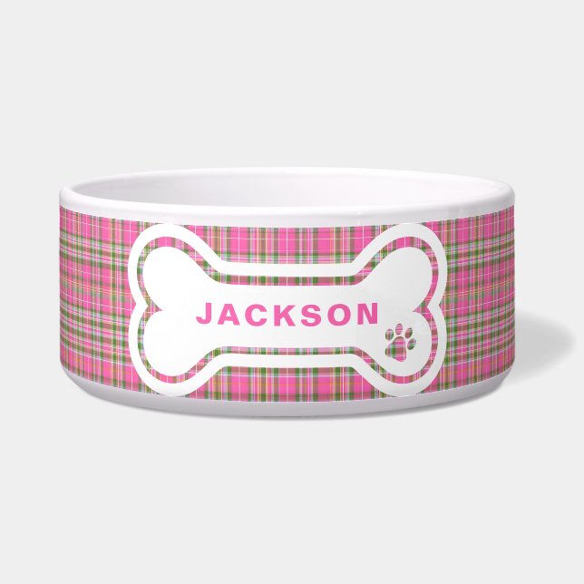 Tigela Osso de Cachorro Xadrez Rosa e Verde (Frente)