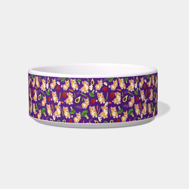Tigela Padrão de comida de Corgi fofa e legumes (Frente)