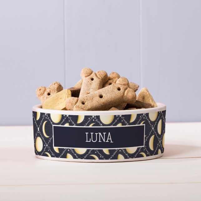 Tigela Padrão de Fases da Lua Celestial (Moon Phases Pattern Dog Bowl with Nameplate)