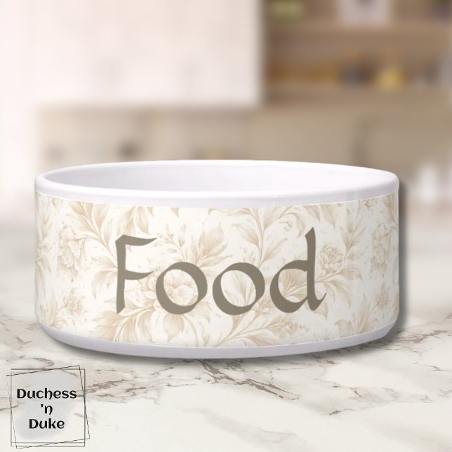Tigela Padrão de Flores Botânicas Soft Ivory Pet (Dog Food Bowl with ivory botanical design displayed on marble counter top)